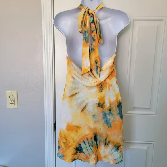 NWT Hello Molly Green Yellow Tie Dye Halter Neck Summer Mini Dress Size 4 - Picture 6 of 13